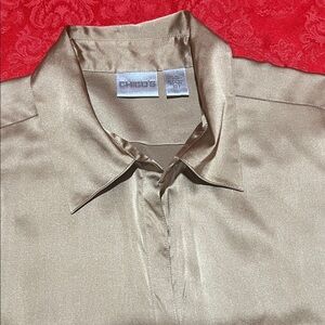 Chico's Shimmering Gold Button-Up 95% Silk 5% Spandex Shirt -Size 3, L/Xl 14-16